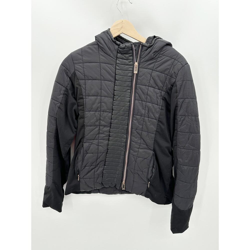 Marc New York Jacket Womens Medium Black Faux Leather Quilted Hooded Zip B16